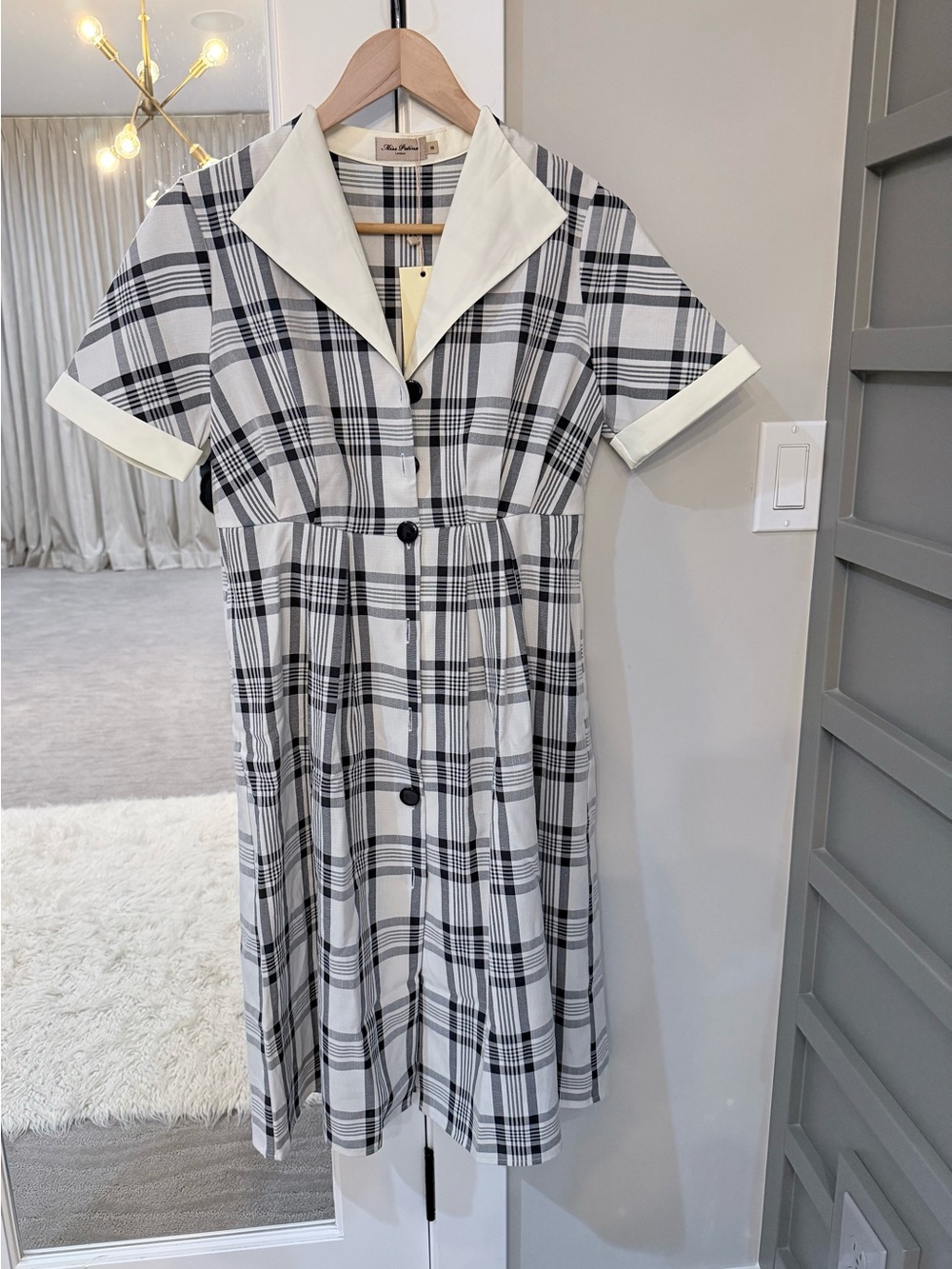 Miss Patina Classic Black & White Plaid Button-Front Dress Size 10 NWT